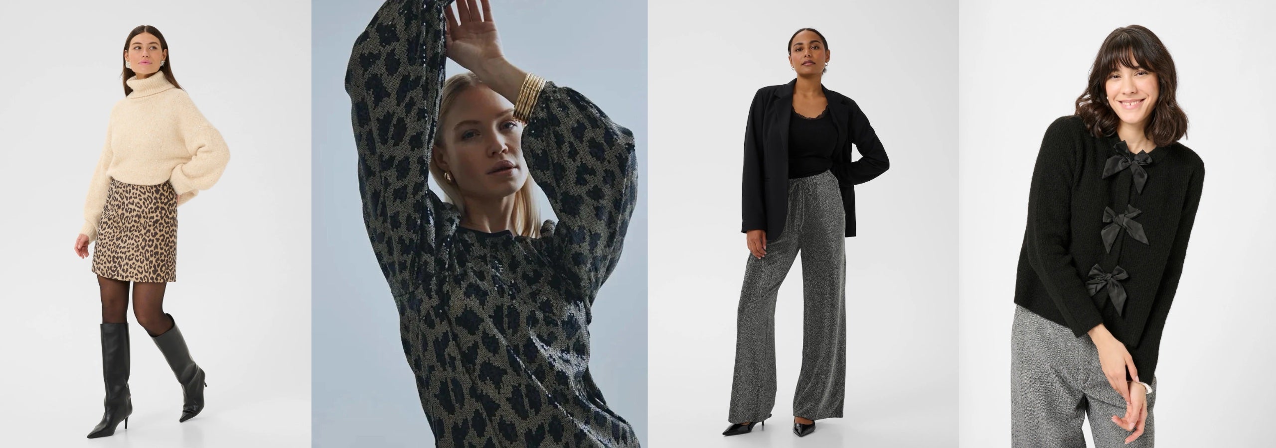 Four different outfits worn by models on a white background - Christmas party wear at Heidi Boutique