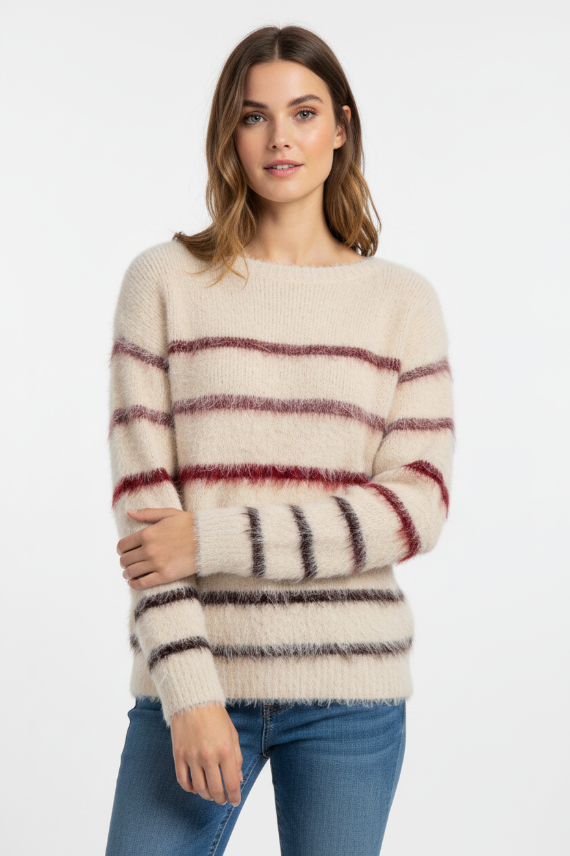Red Button SRB5118 Fuzzy sweater and stripes cream/burgundy S