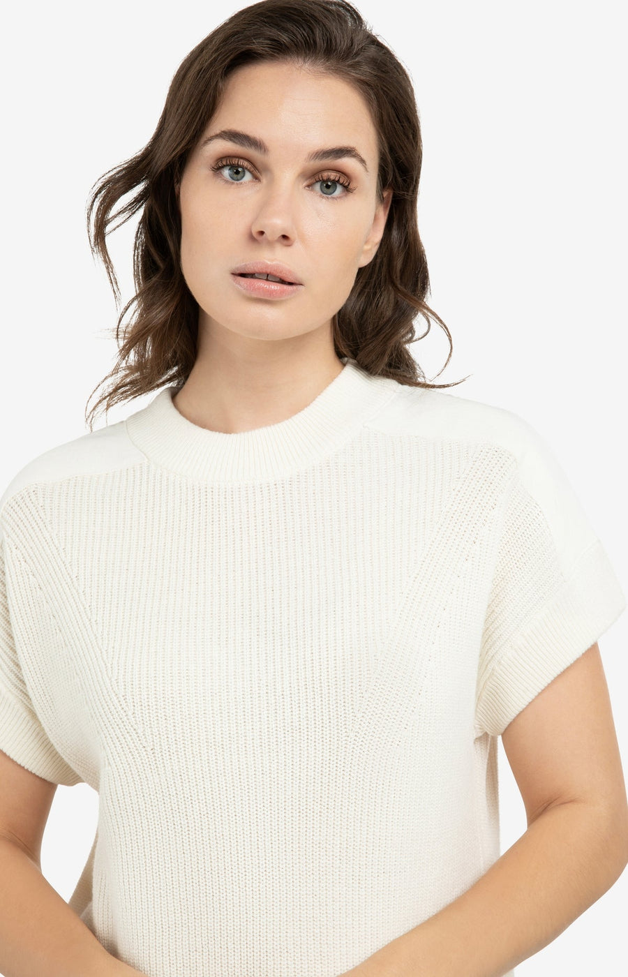 Yaya 01-000571 Knitted top woven shoulder details ecru