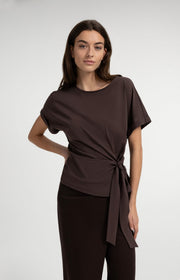 Yaya 01-709093 Top with round neck knot tie brown