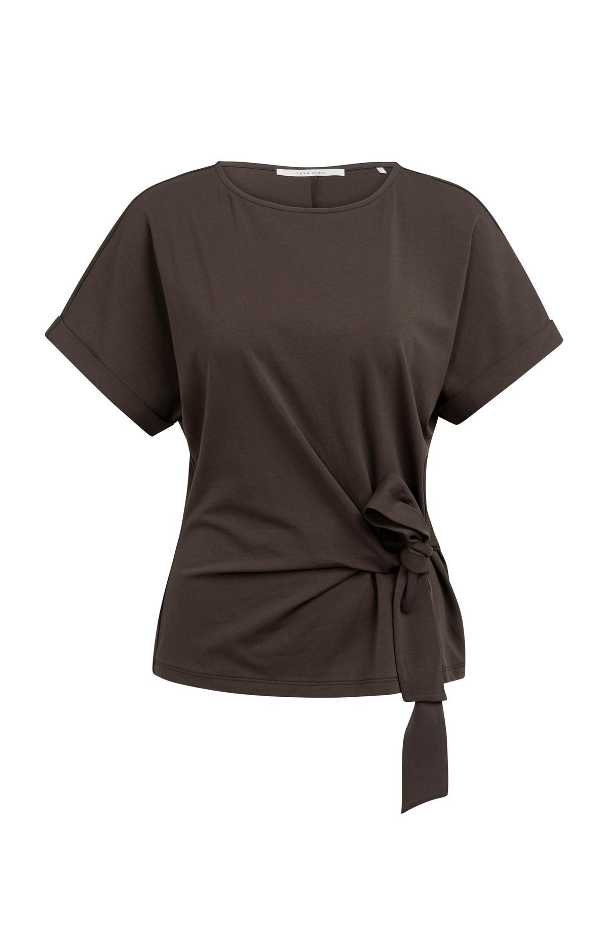 Yaya 01-709093 Top with round neck knot tie brown