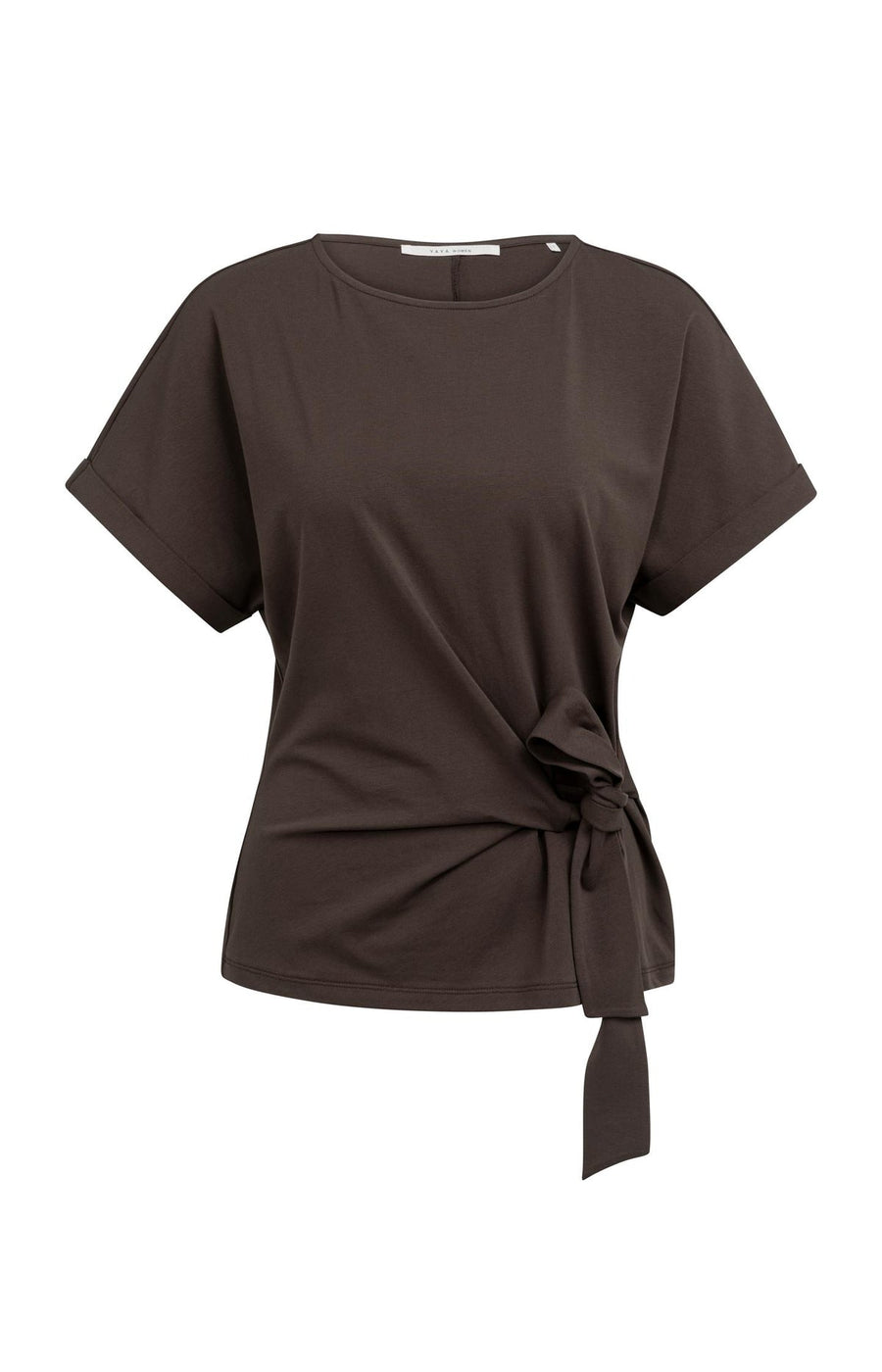 Yaya 01-709093 Top with round neck knot tie brown