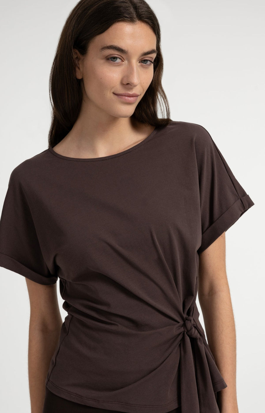 Yaya 01-709093 Top with round neck knot tie brown