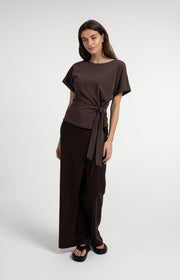 Yaya 01-709093 Top with round neck knot tie brown