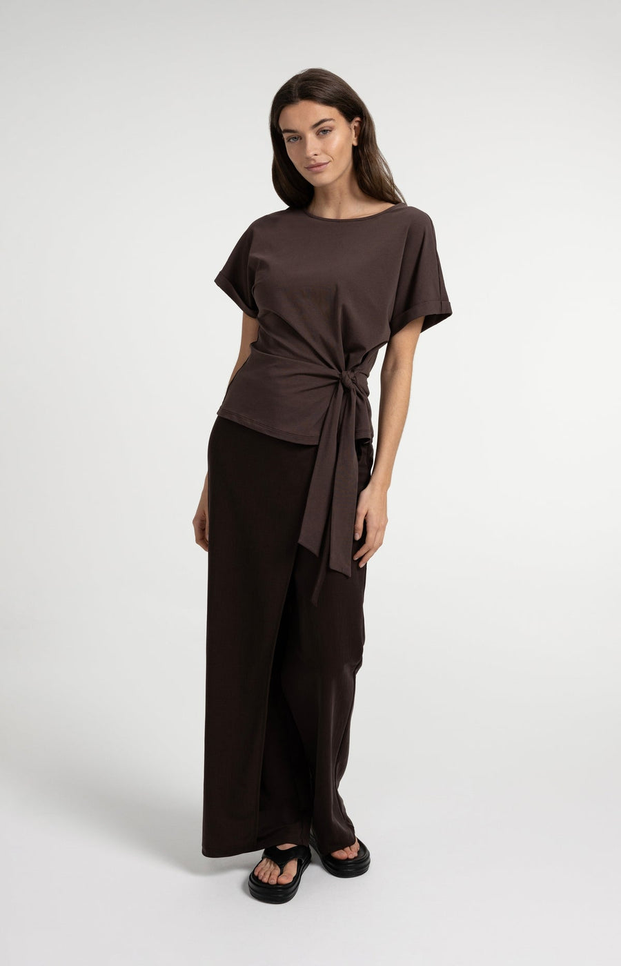 Yaya 01-709093 Top with round neck knot tie brown