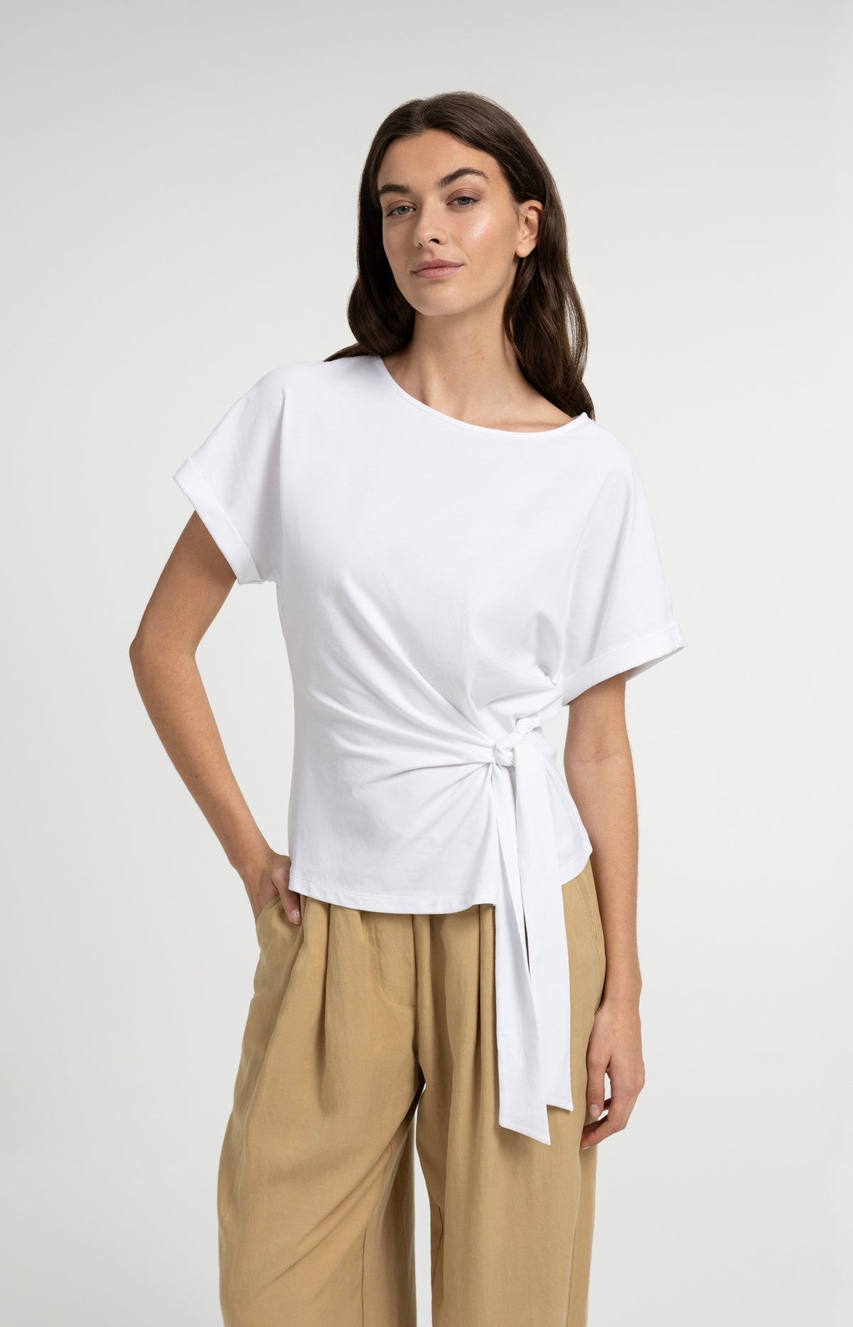Yaya 01-709093 Top with round neck knot tie white  Smal