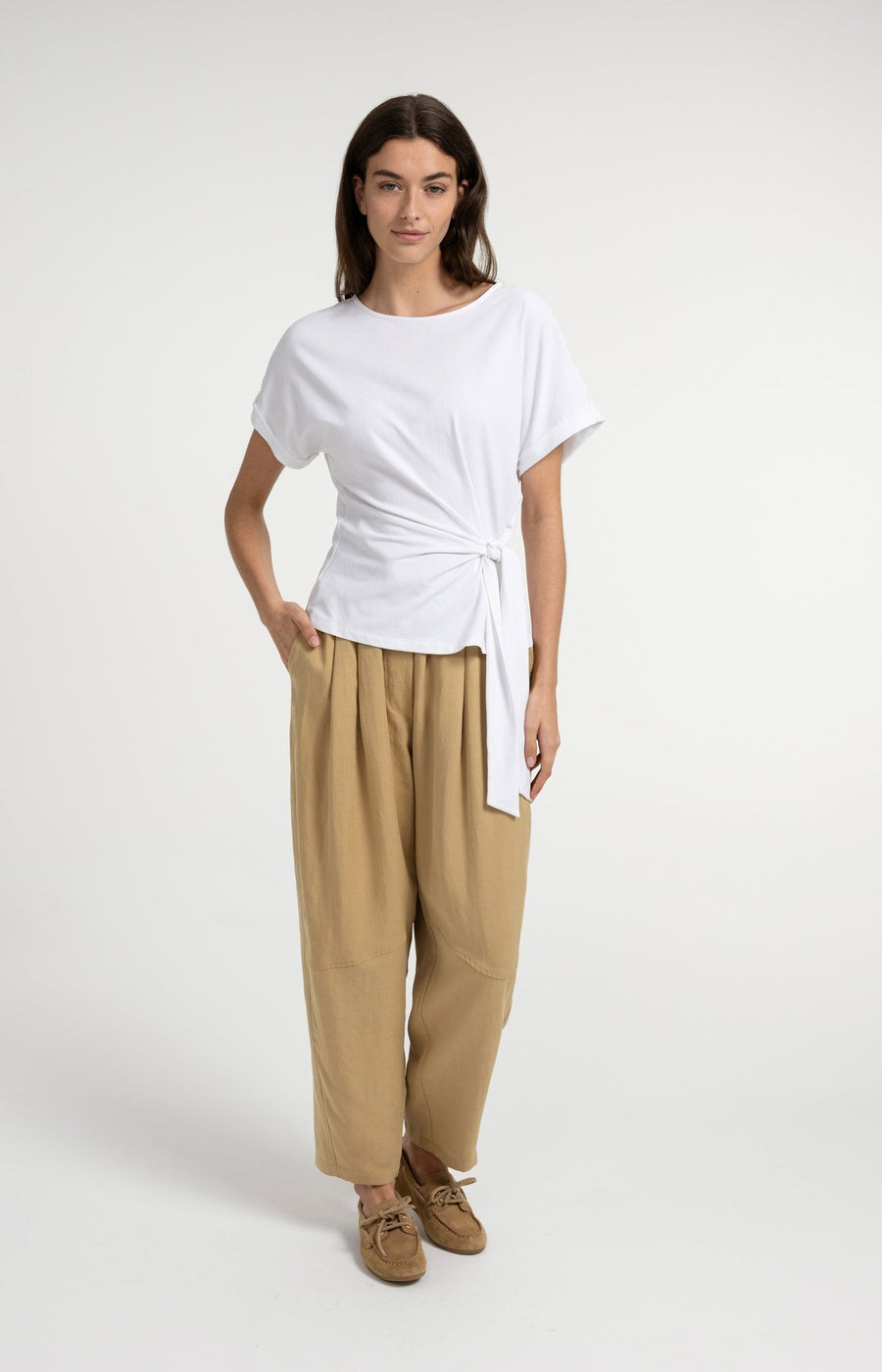 Yaya 01-709093 Top with round neck knot tie white  Smal