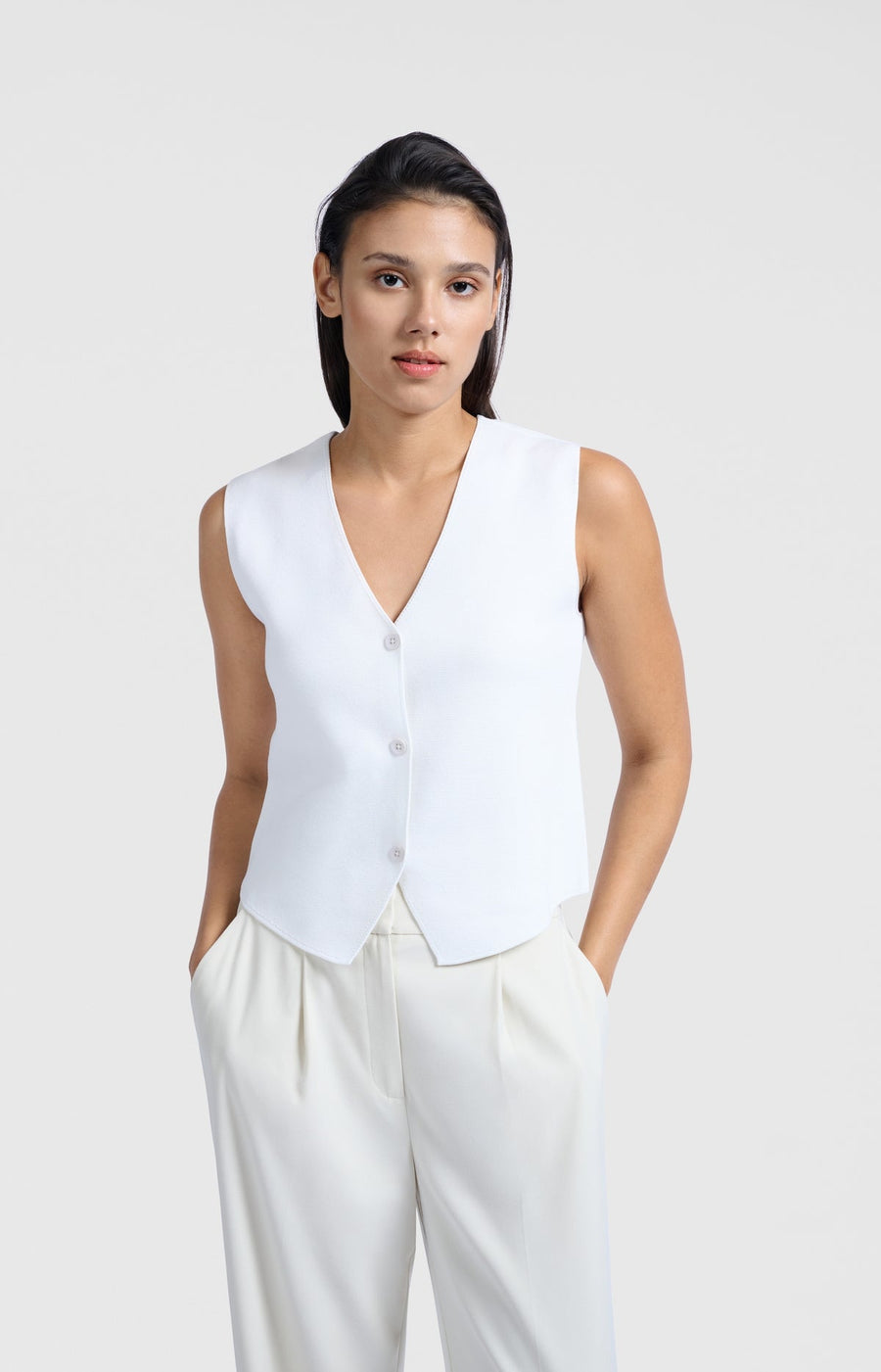 Yaya 01-010103-504 Fine knitted gilet v neck white  Sma