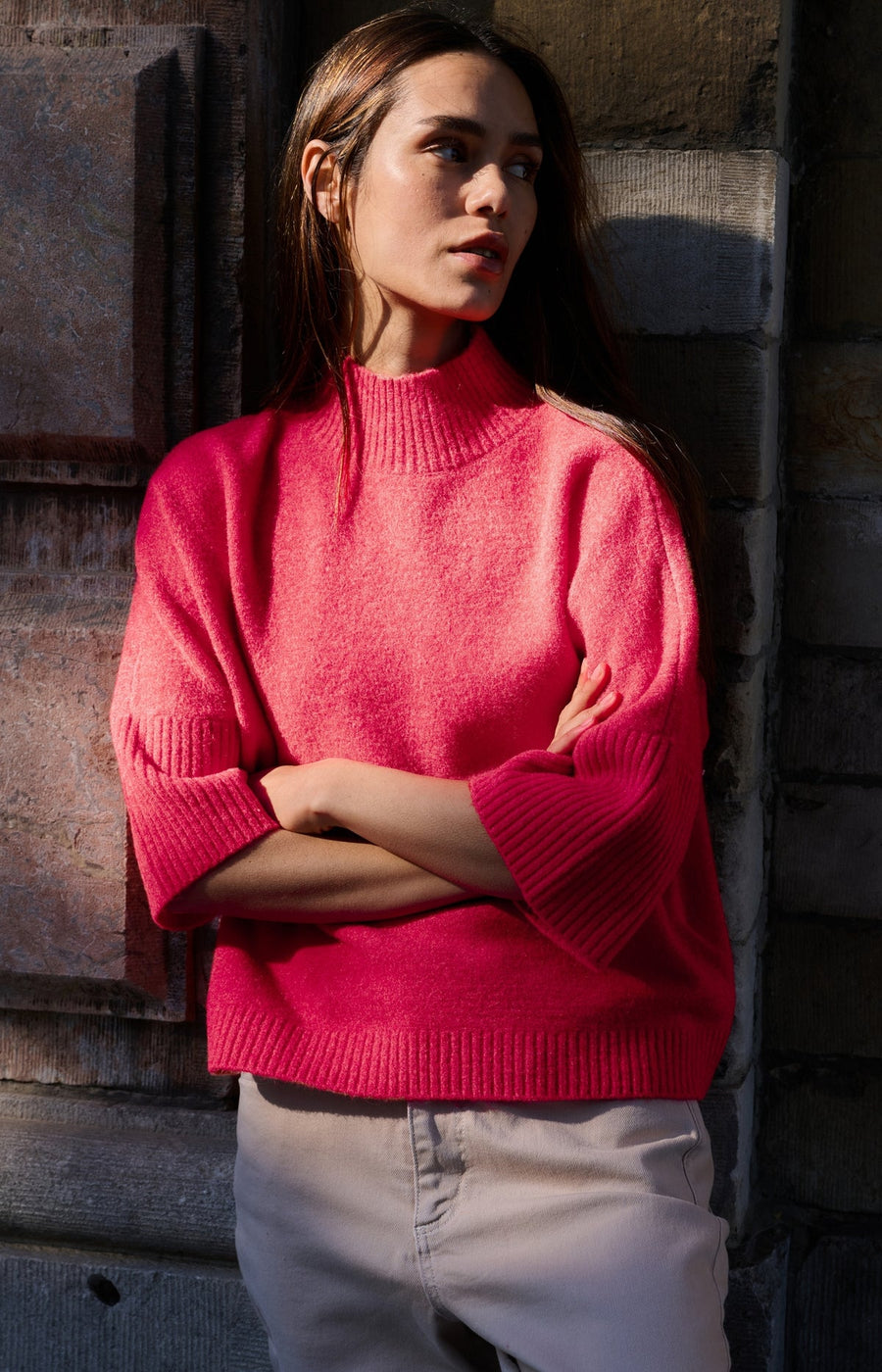 Yaya 01-000437 high neckline sweater rose red