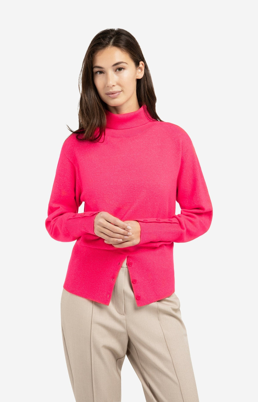 Yaya 01-000549 high neckline sweater with buttons rose