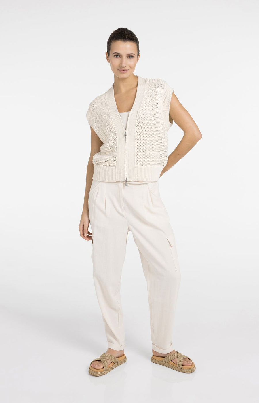 Yaya 01-010154 sleeveless mesh knit cardi cream