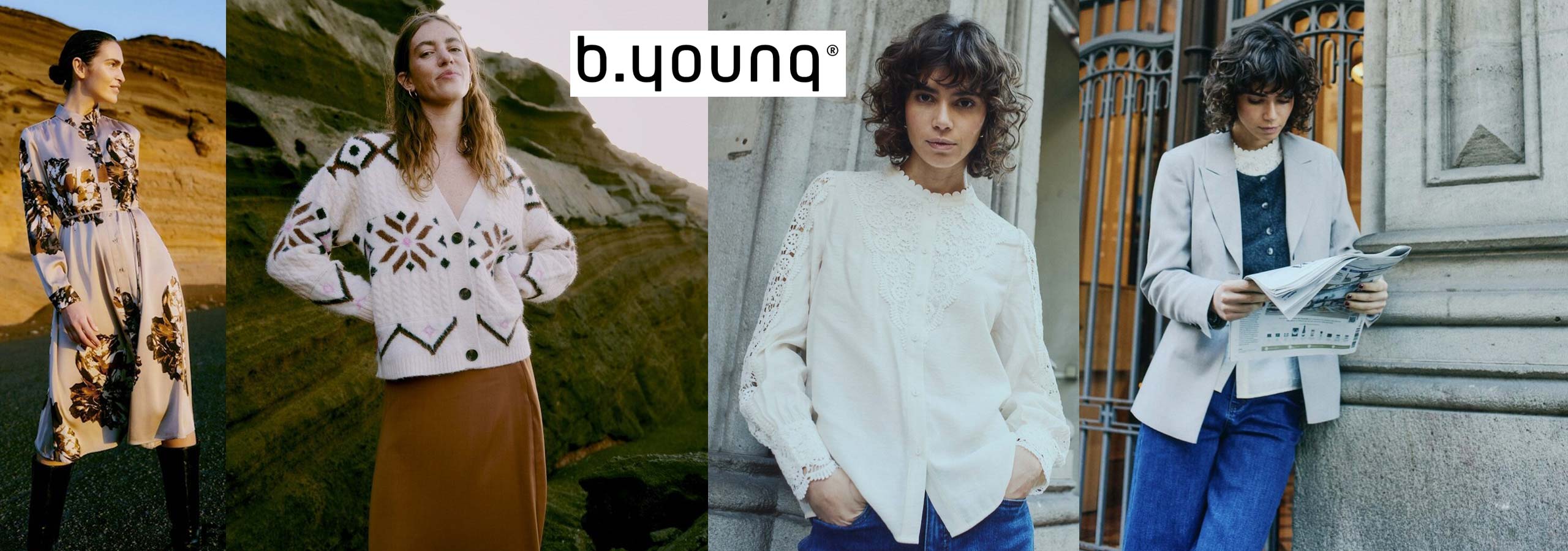 Collage of people wearing stylish outfits with 'b.young' brand logo.