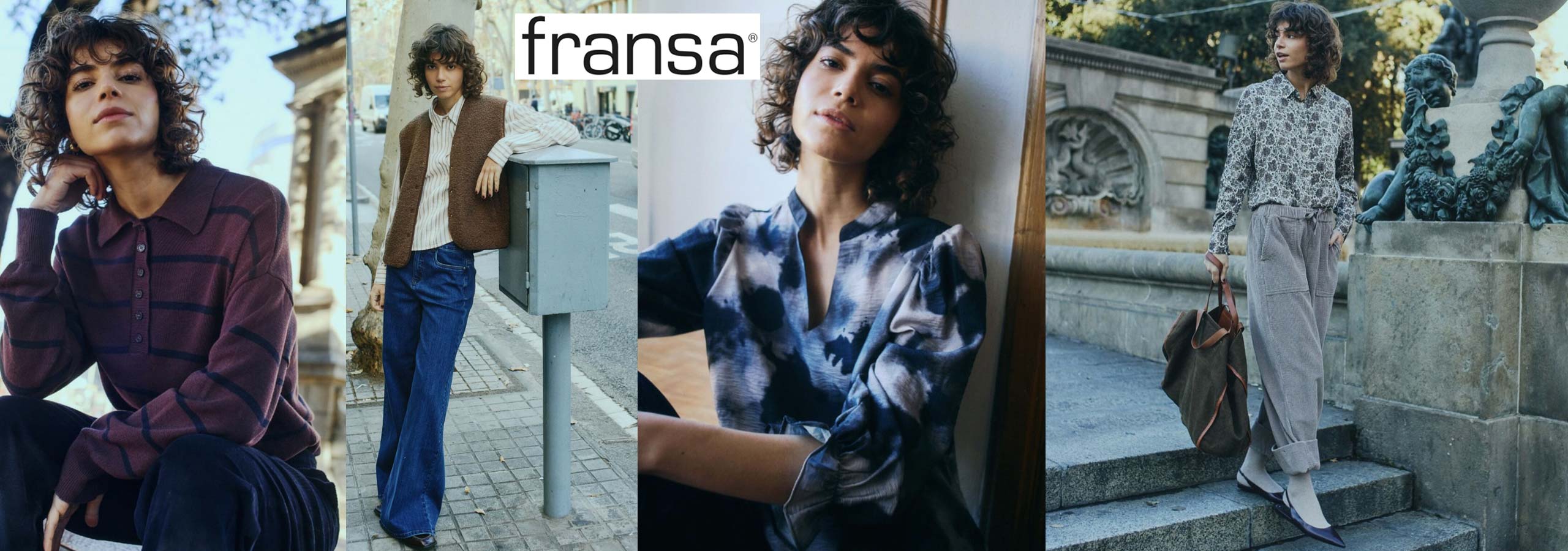 Collage of a woman in various outfits with 'fransa' branding.