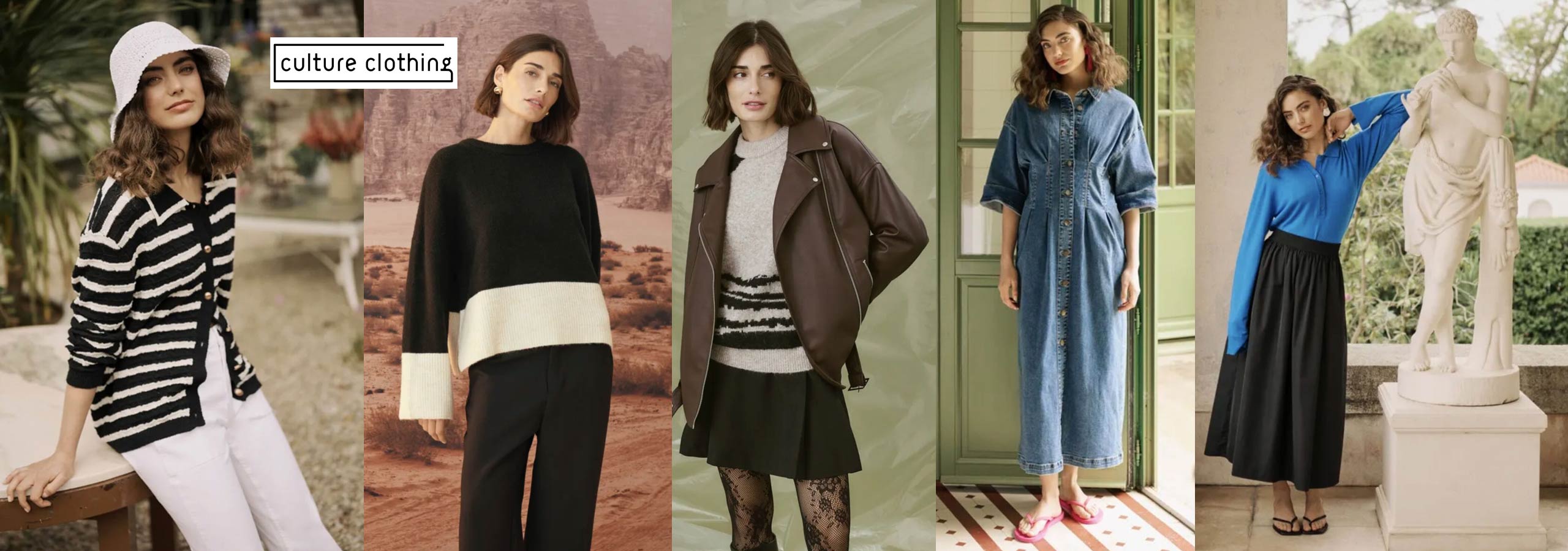 Collage of women wearing different outfits with 'culture clothing' branding.