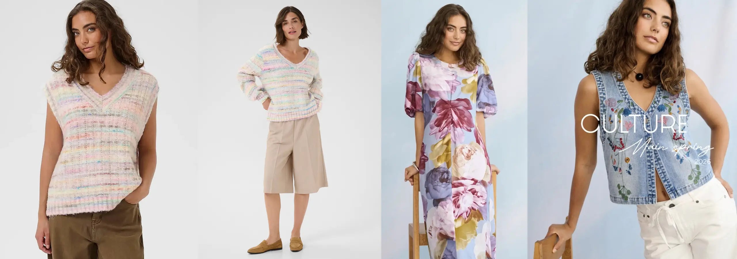 Four women modeling different outfits with 'Culture' clothing brand visible.