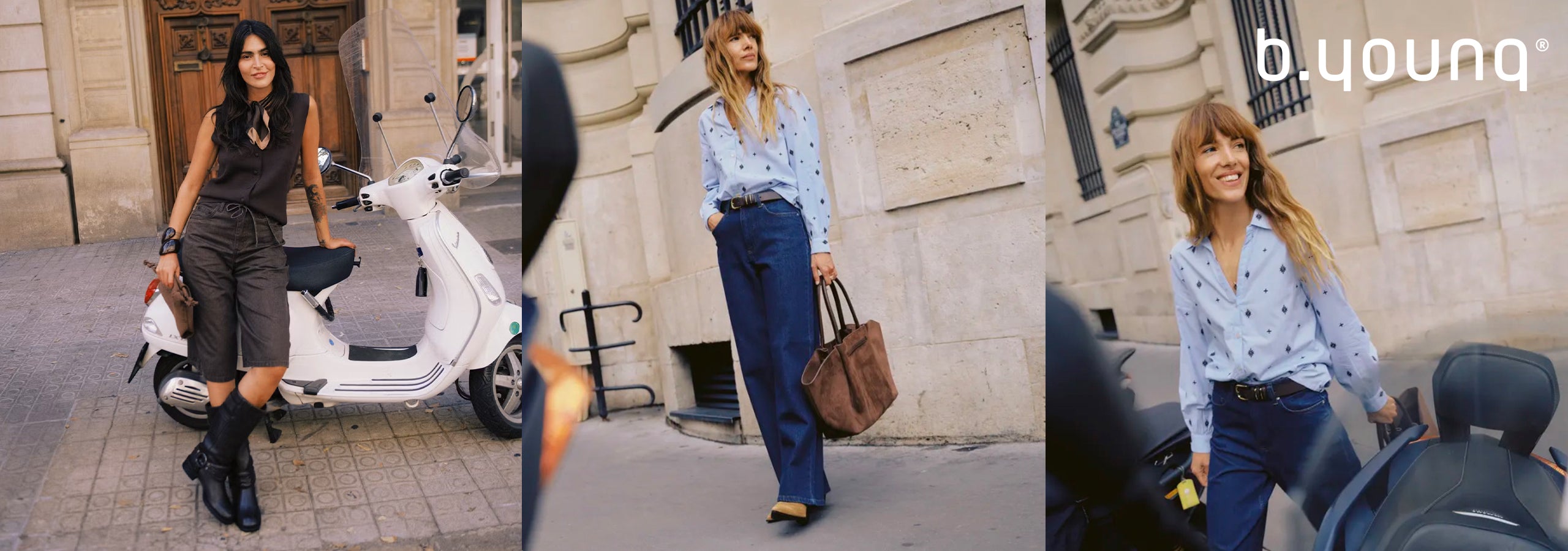 A three-panel collage showing a woman modelling a light blue floral button-up shirt and dark wide-leg jeans in a street setting, with the brand name 'b.young'.