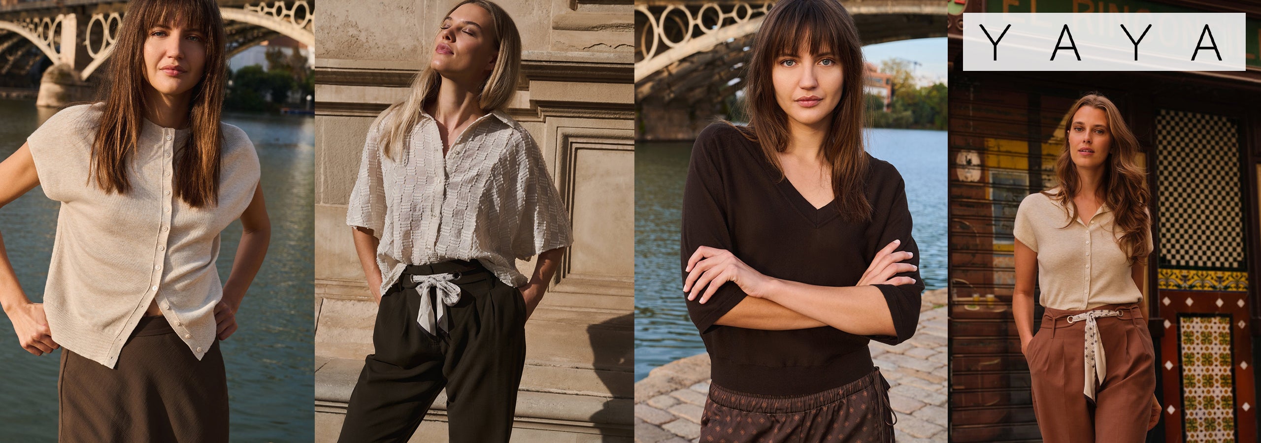 A four-panel collage showing women wearing different neutral-toned tops and bottoms in outdoor settings, with the brand name YAYA in the top right corner.