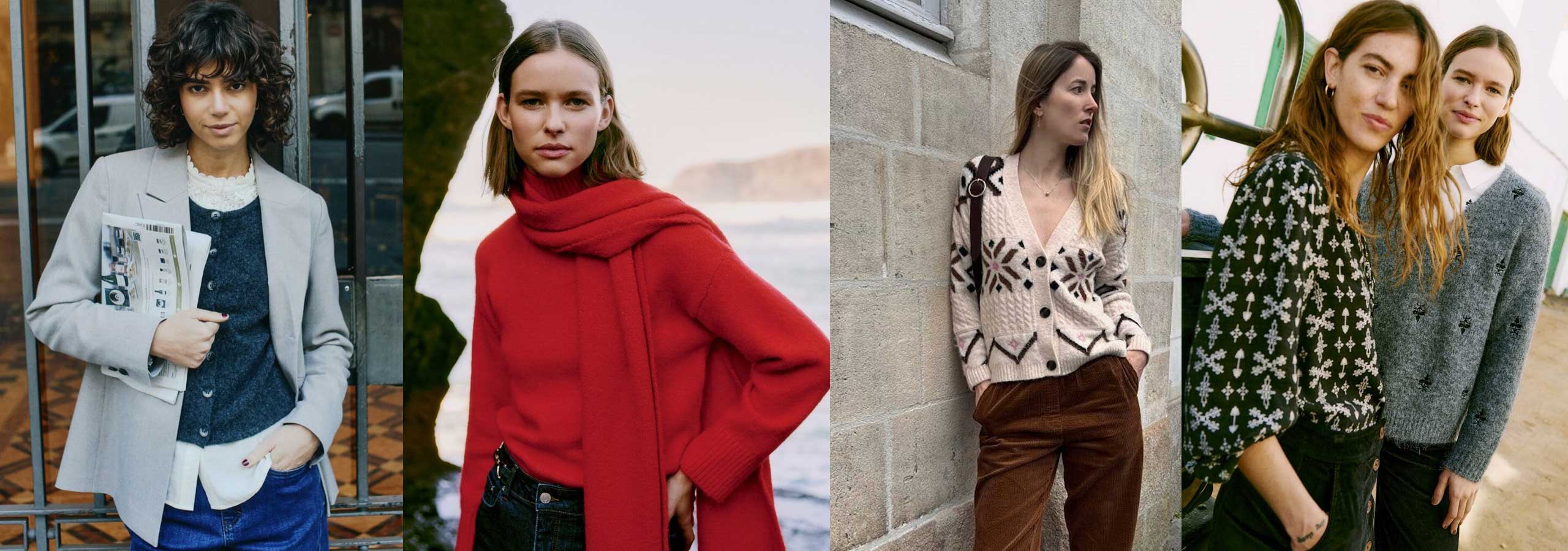 Five women wearing different outfits in various settings