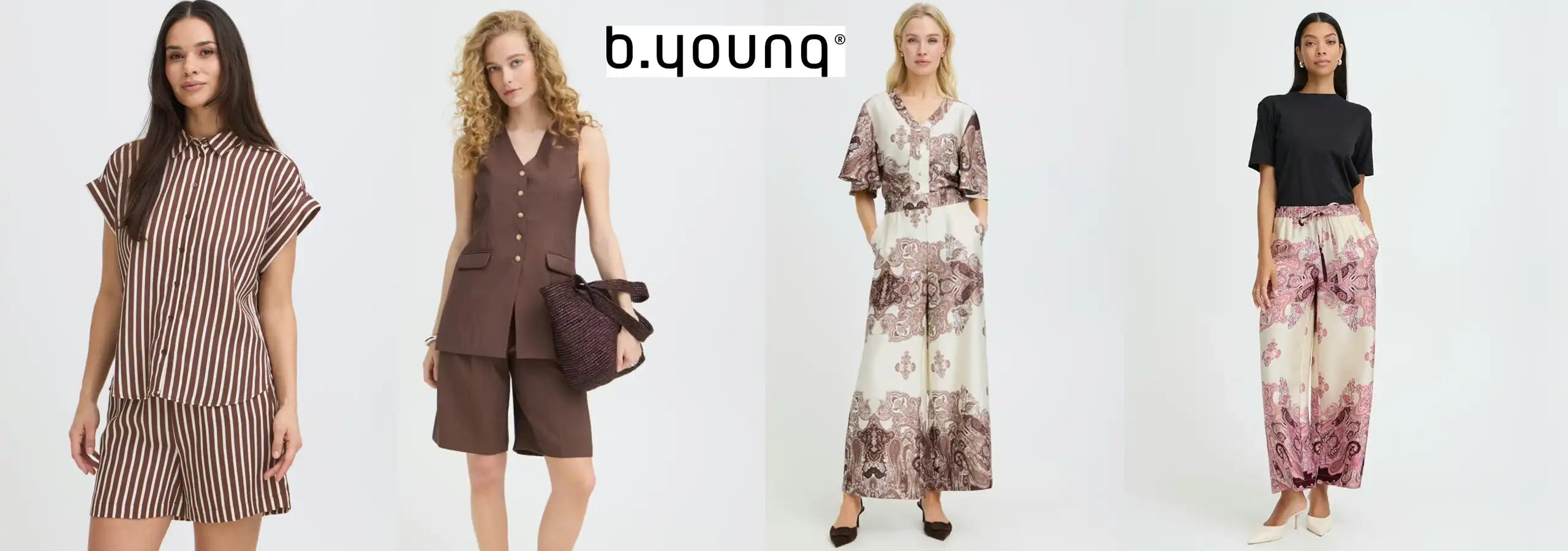 Four models wearing different outfits with 'b.younq' brand logo displayed.