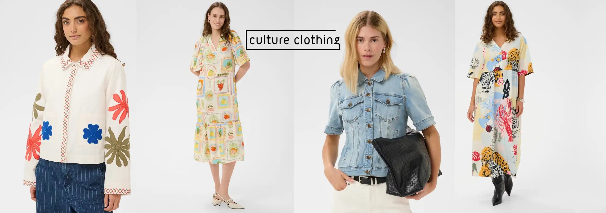 Four people wearing colorful clothing with 'culture clothing' text overlay on a white background