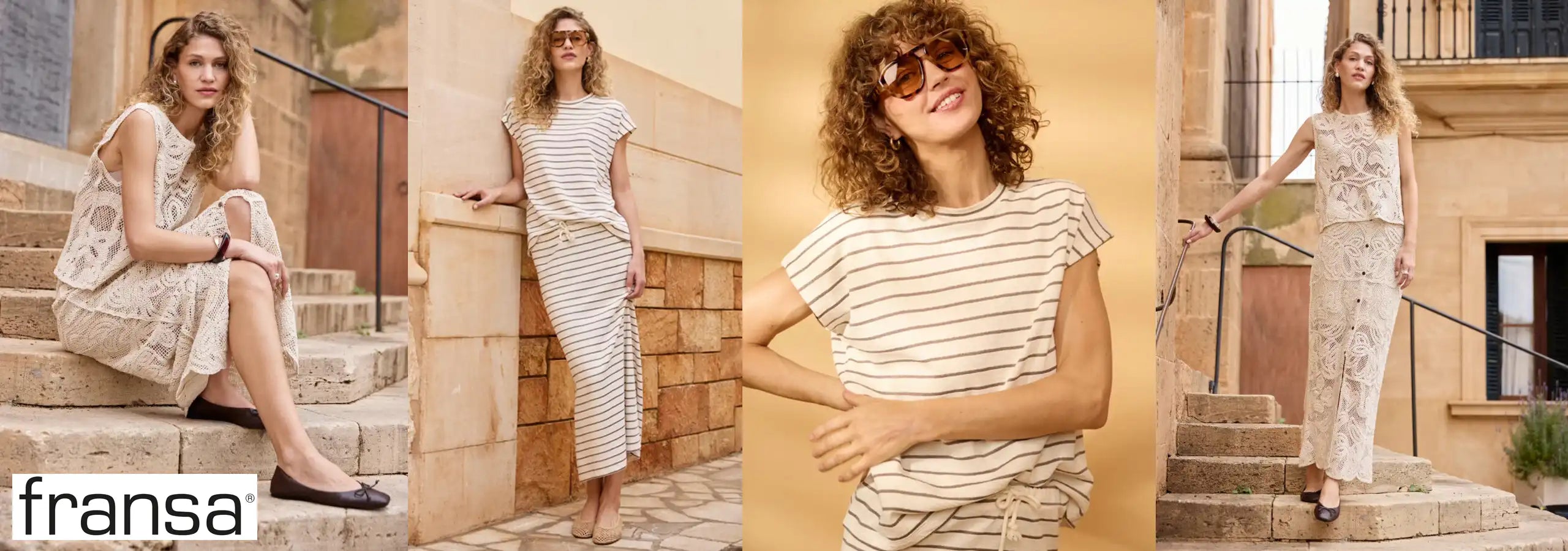 Collage of a woman in various outfits with 'fransa' branding.