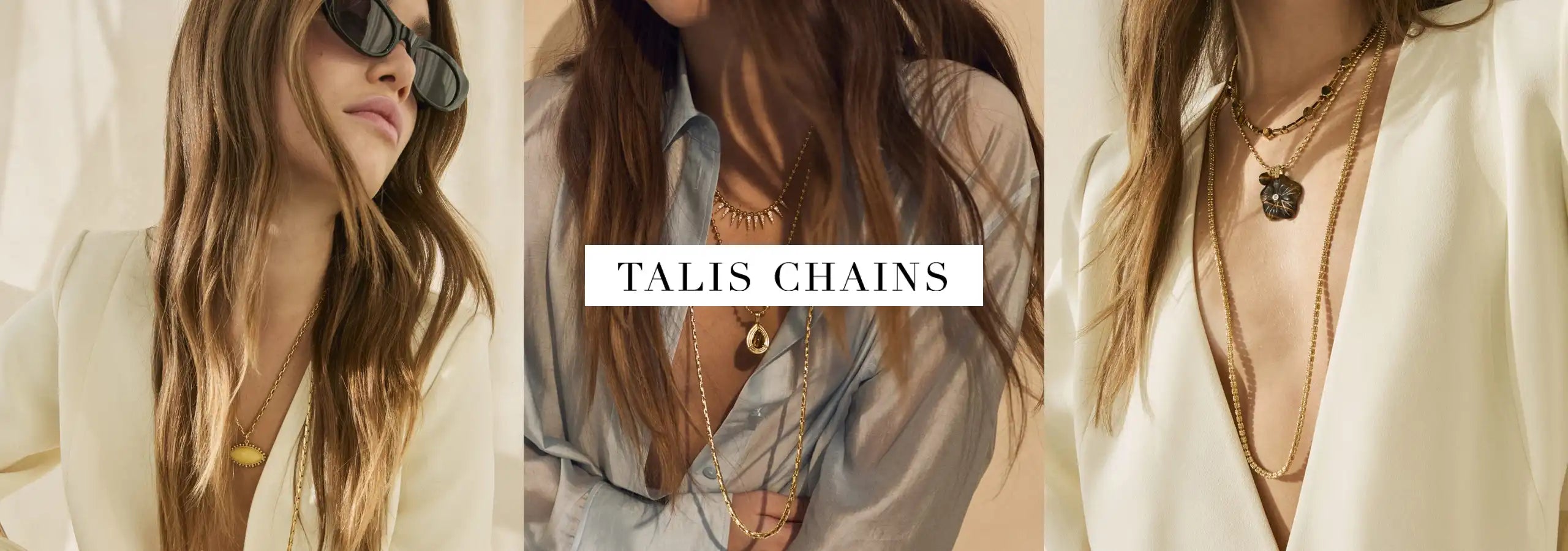Three views of a woman wearing a necklace with 'Talis Chains' branding.
