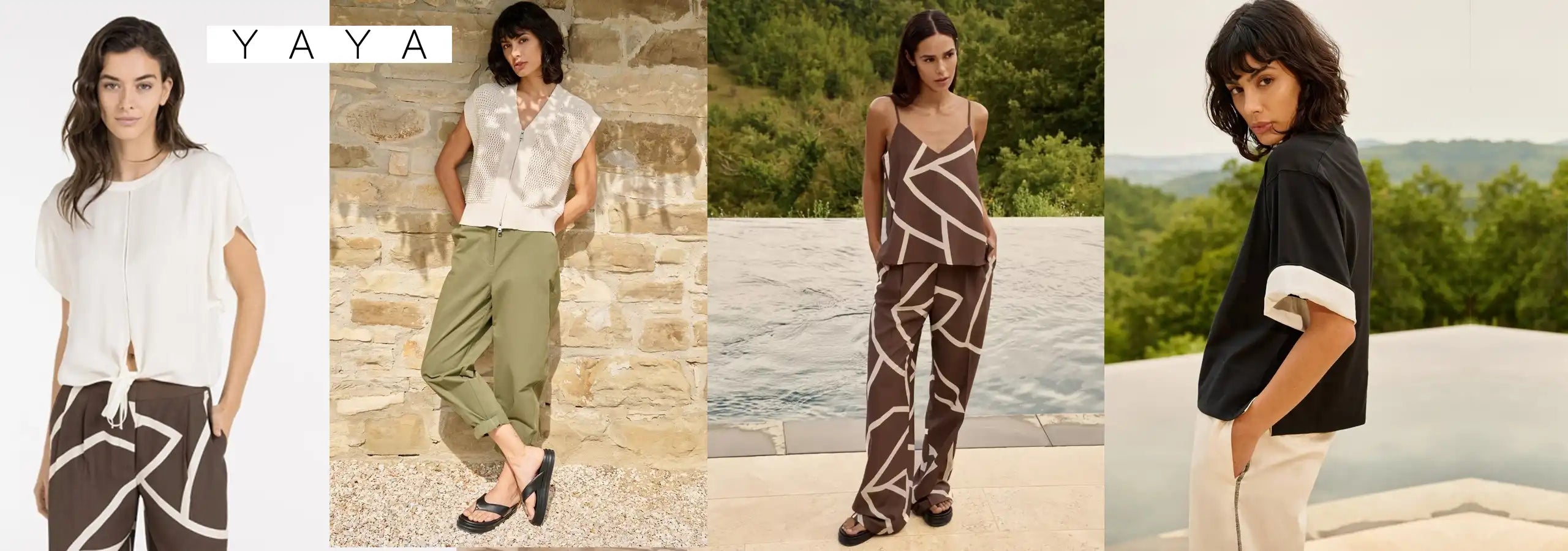 Four images of a woman modeling different outfits with 'YAYA' branding.