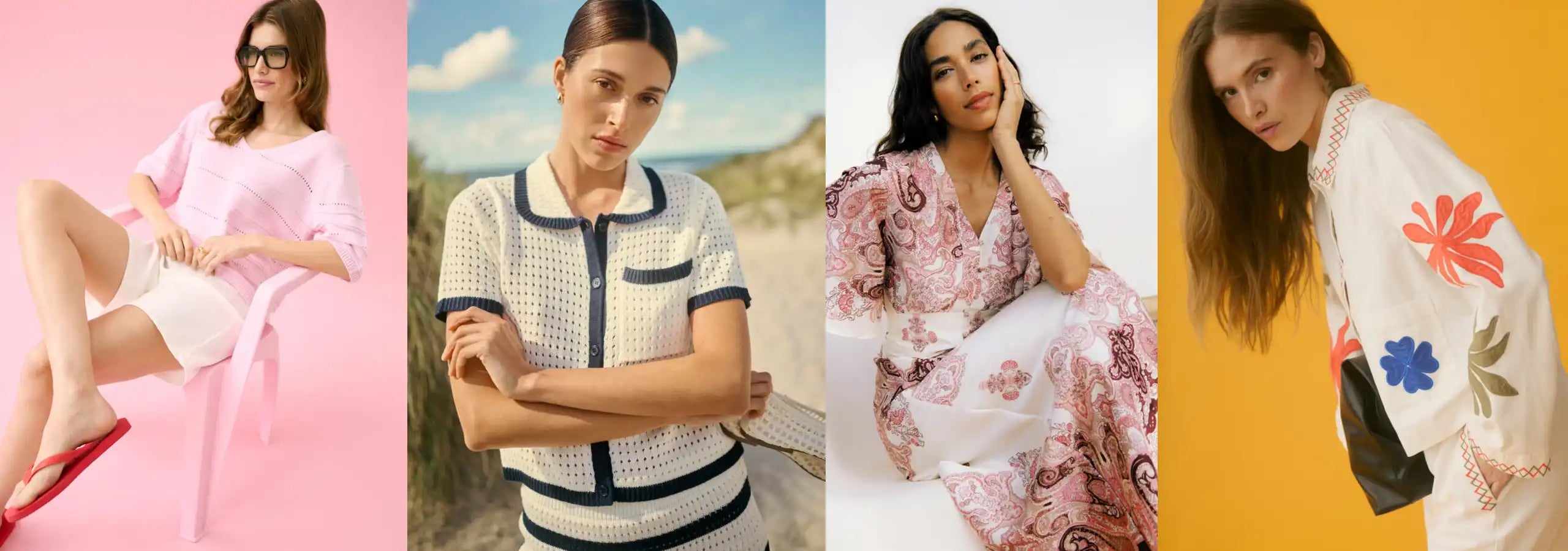 Four women in different outfits on a colorful background