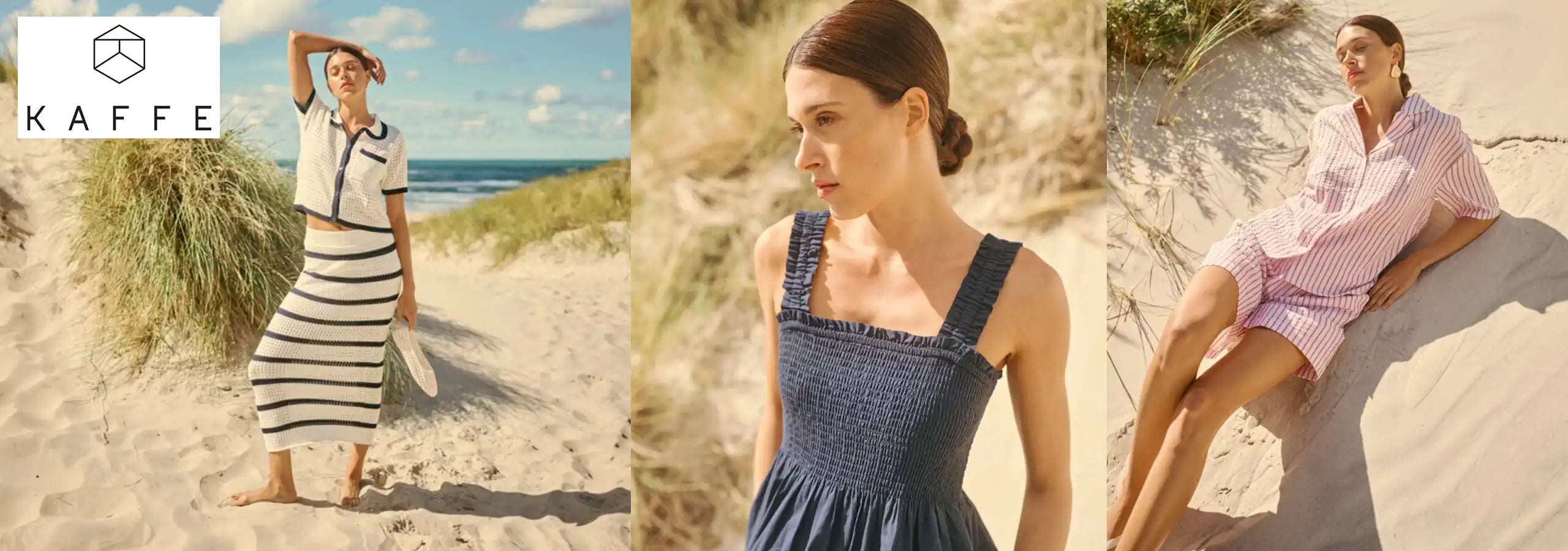 Three women in different outfits on a beach, with Kaffe branding.