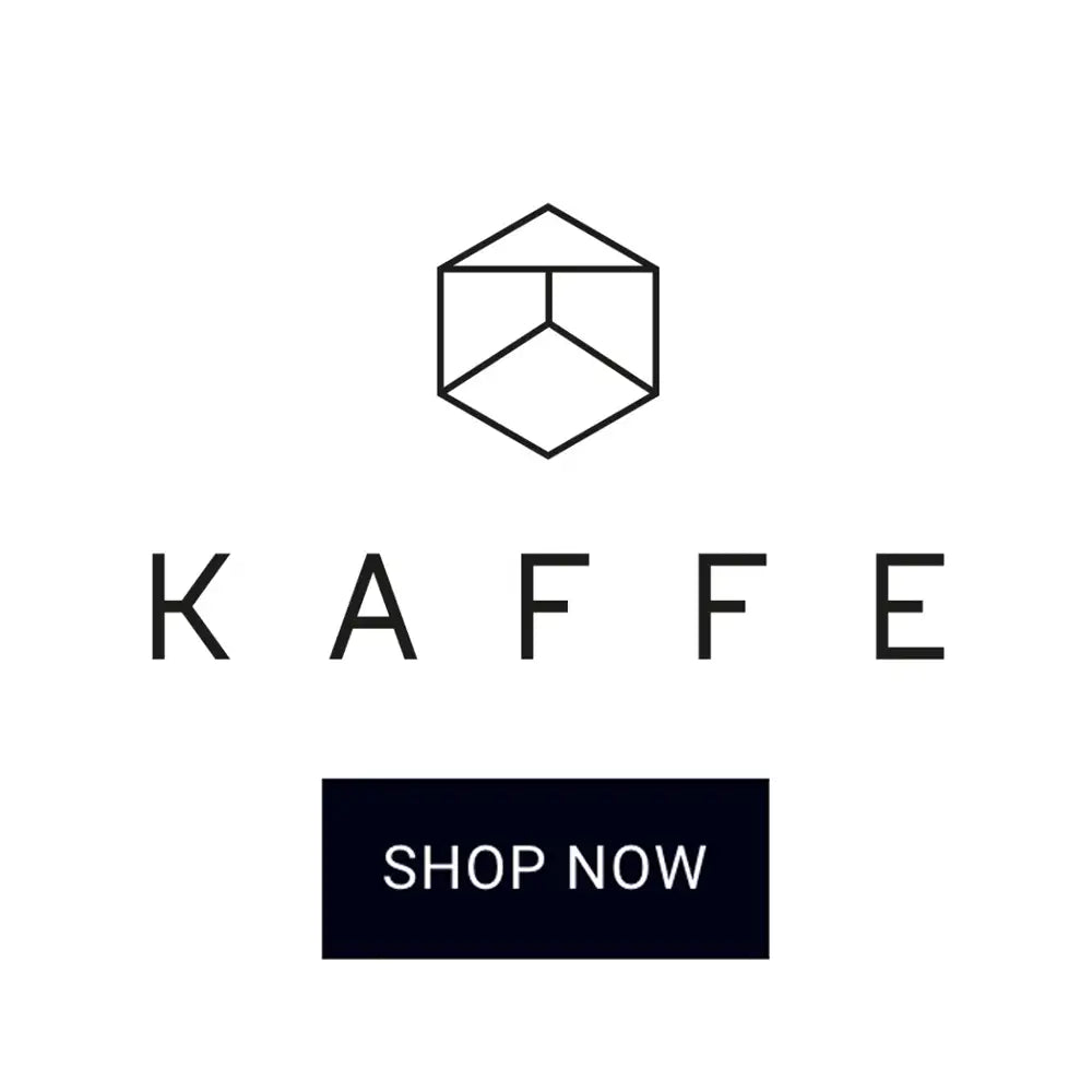 Kaffe brand logo with a geometric design and 'Shop Now' button on a white background
