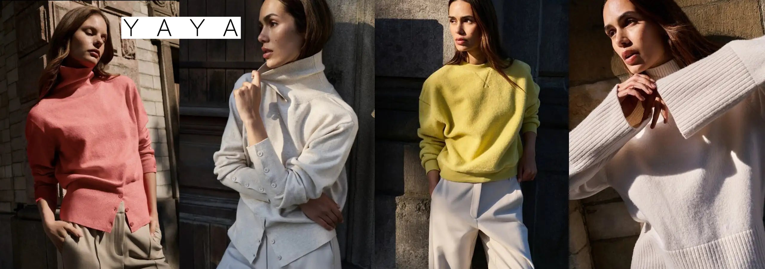 Four women wearing different colored sweaters with 'YAYA' brand name.