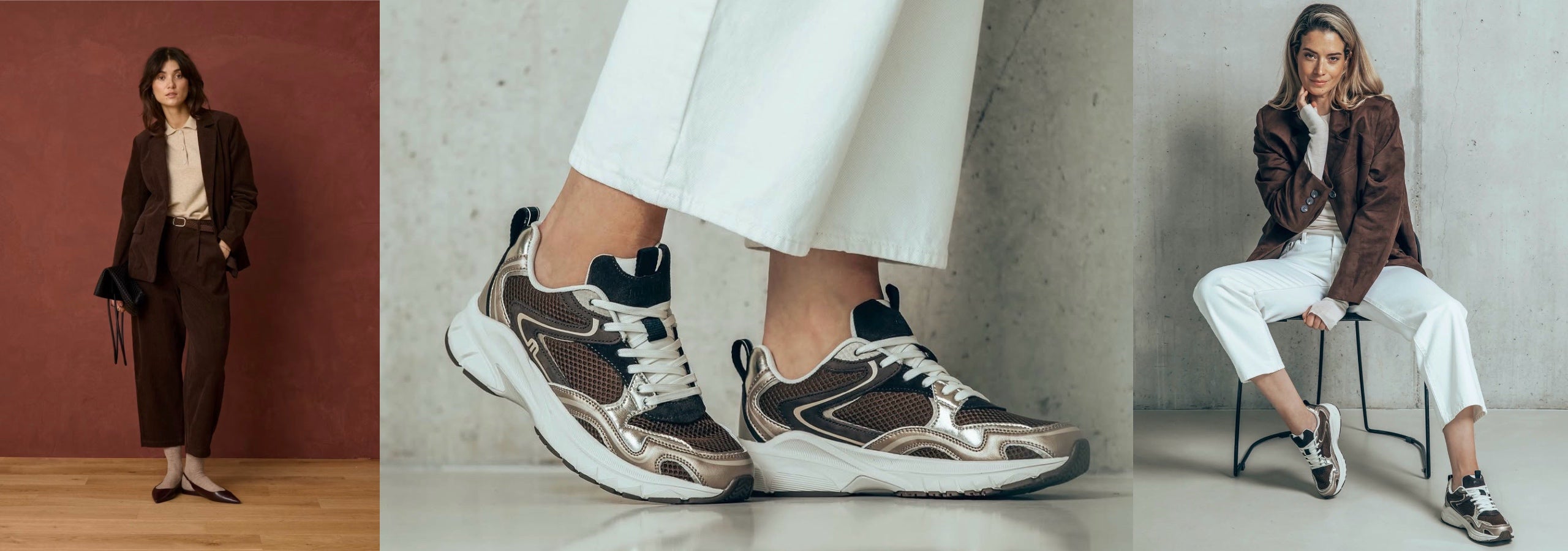 three picture of footwear including formal shoes and trainers