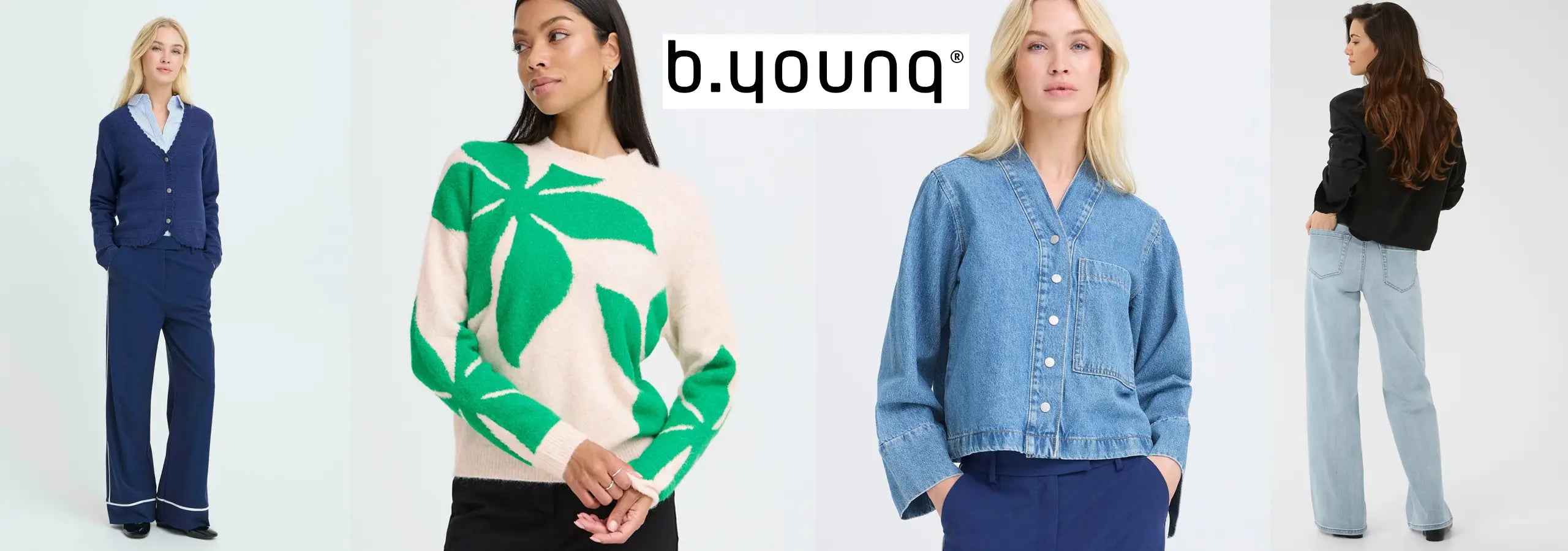 Promotional image of a young clothing brand with models wearing different outfits on a white background.
