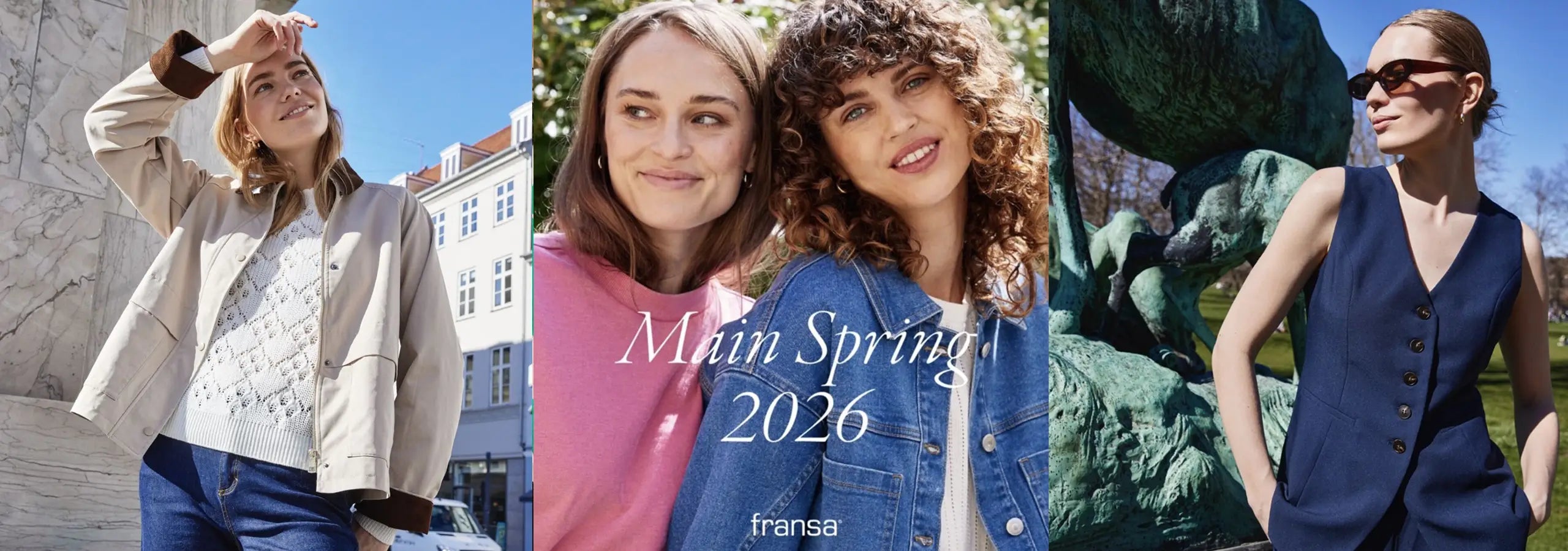 Promotional image for 'Main Spring 2026' fashion collection featuring models and a statue.